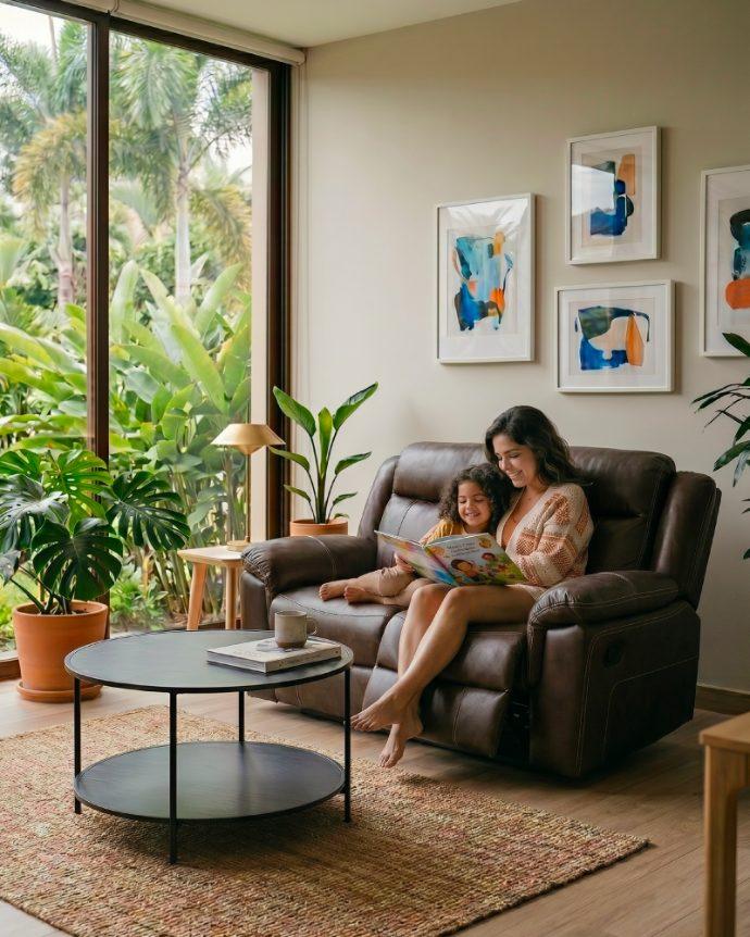 Sala moderna con sofá reclinable y muebles auxiliares Bekväm