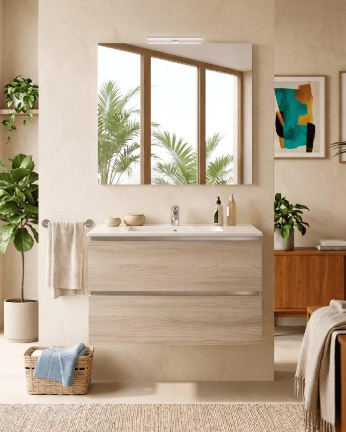 Baño moderno con mueble de lavamanos y almacenamiento