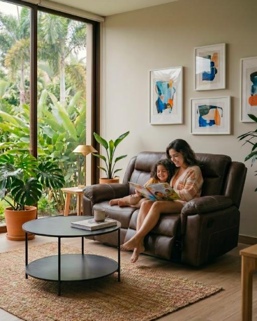 Sala moderna con sofá reclinable y muebles auxiliares Bekväm
