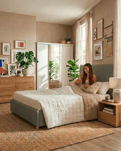 Dormitorio moderno con cama tapizada y muebles de almacenamiento