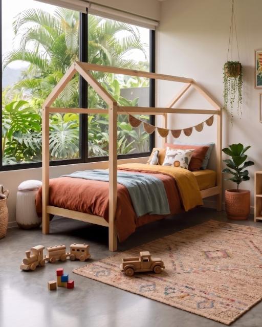 Dormitorio infantil con cama tipo casita y espacio de juegos