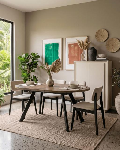 Comedor moderno con mesa, sillas y mueble auxiliar