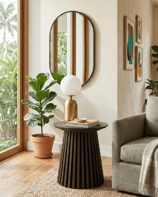 Espacio decorado con espejo redondo, mesa auxiliar y lámpara