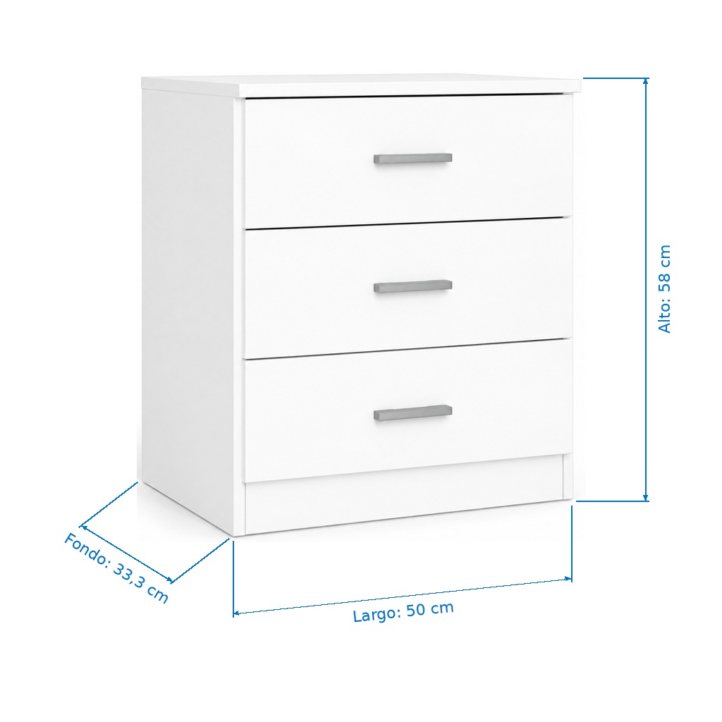 Edelmira 3 gavetas · Blanco Opaco · Medidas 50 × 58 × 33,3 cm
